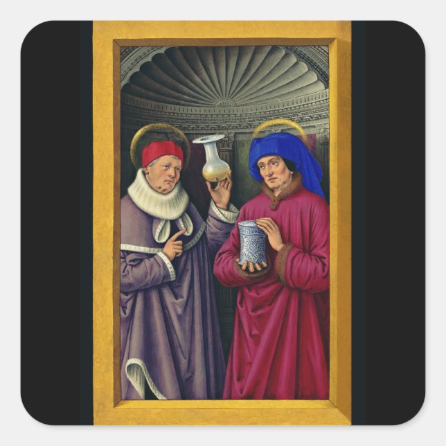Heilige Cosmas und Damian von Jean Bourdichon Quadratischer Aufkleber (Vorderseite)