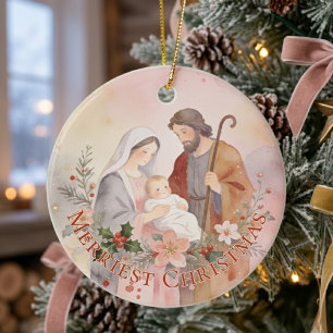 Heilige Familie Rosa Pastell Aquarell Weihnachten Keramik Ornament
