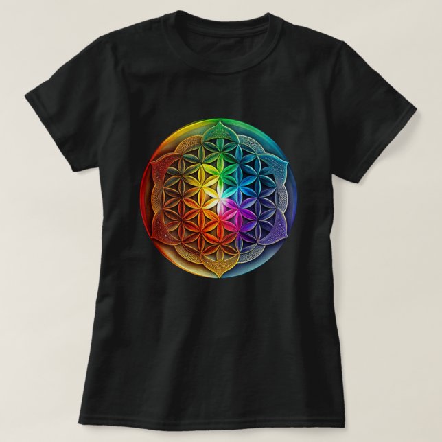 Heilige Geometrie Blume des Lebens Chakra Meditati T-Shirt (Design vorne)