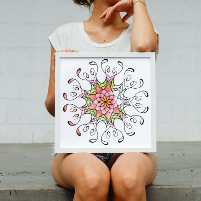 Heilige Geometrie Blume Mandala Erwachsenenfärbung Poster (Colorful geometric Floral Mandala coloring poster in a white frame.)