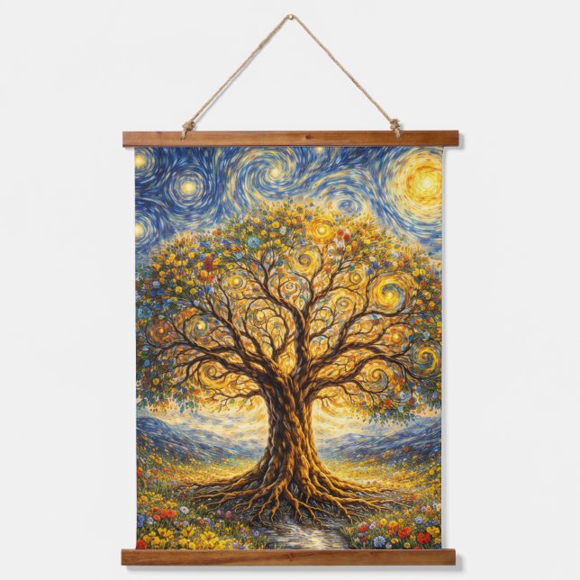 heilige Geometrie Kunst Baum Wandteppich Mit Holzrahmen (Vorderseite)