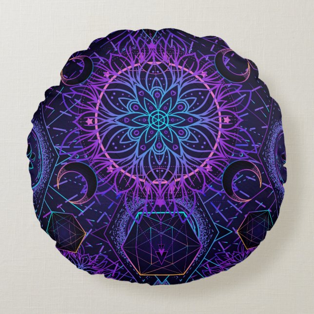 Heilige Geometrie nahtloses Muster. Hinduische Sym Rundes Kissen (Vorderseite)