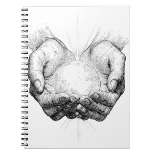 Heilige Hände, die eine strahlende Sphenskizze tra Notizblock