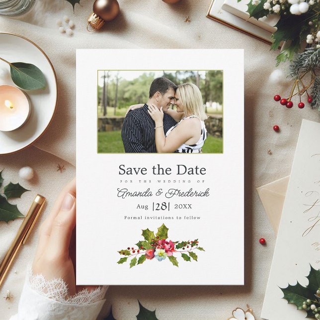 Heilige Hochzeit und Weihnachtsfeiern im Foto Save The Date (Holly and Ivy Christmas Wedding Photo Save The Date)