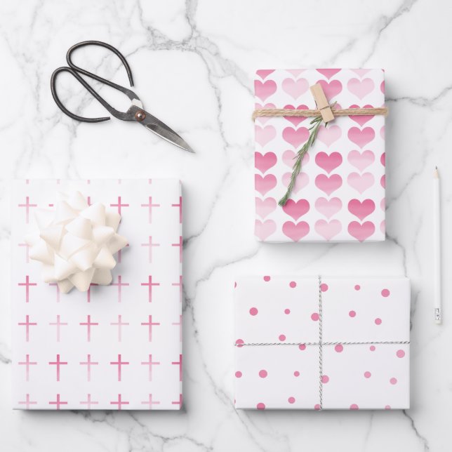 Heilige Kommunion Rosa Kreuz Herz und Punkte Geschenkpapier Set (Vorderseite)
