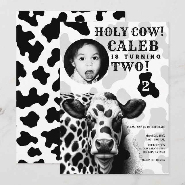 Heilige Kuh! Birthday Party in Schwarz/Weiß Einladung (Vorne/Hinten)