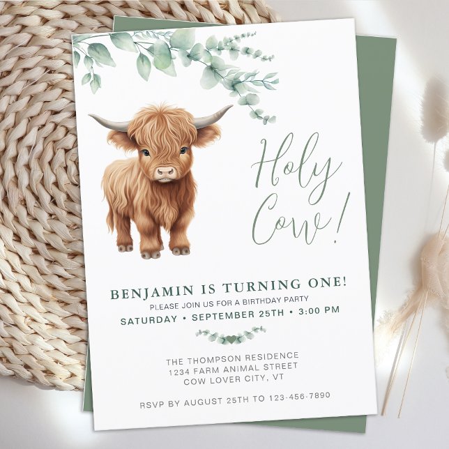 Heilige Kuh Boho Greenery Highland Cow 1. Geburtst Einladung (Von Creator hochgeladen)