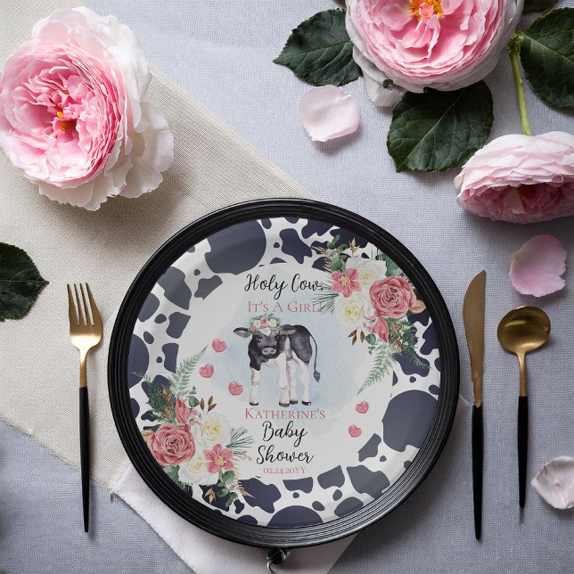 Heilige Kuh, das ist ein Baby-Dusche für Mädchen.  Pappteller (Cute "Holy Cow, It's A Girl!" Black and White Cow Theme | Pink Floral Baby Shower Paper Plates)