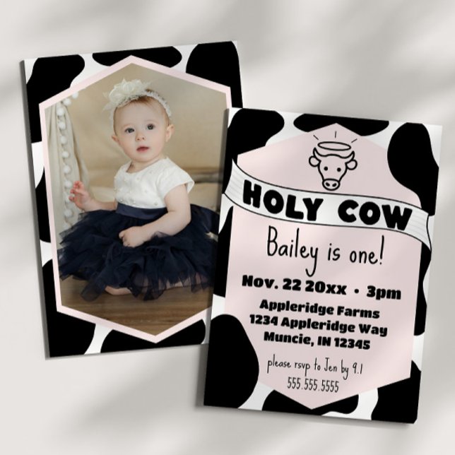 Heilige Kuh Foto Kid Cow Print Niedlich Modern Geb Einladung (Holy cow cute kid's birthday party invitation pink cow print modern bday invite )