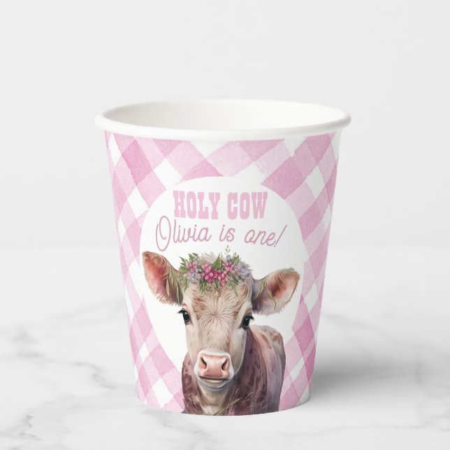 Heilige Kuh Ich bin ein rosa Gingham Party Cups Pappbecher (Vorderseite)