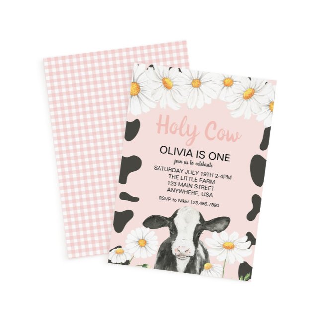 Heilige Kuh Ich bin One Pink Gingham Daisy Birthda Einladung (Von Creator hochgeladen)