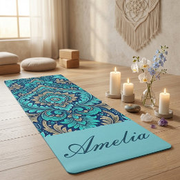 Heilige Mandala-Navy-Blau-Teal-Damaskus-Spirituali Yogamatte