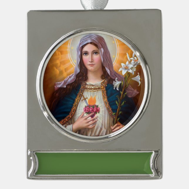 Heilige Mutter Mary Immakulieren Herz, katholische Banner-Ornament Silber (Vorderseite)