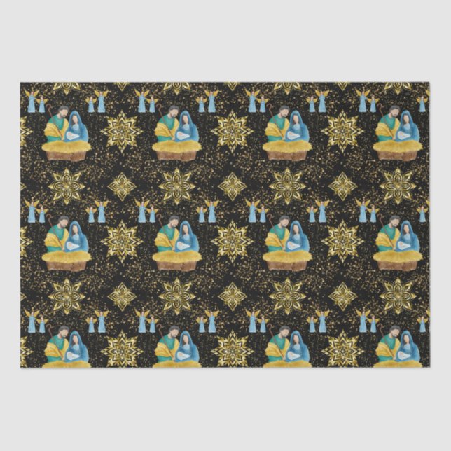 Heilige Nachtkrippe Goldene Schneeflocken Muster Seidenpapier (Vorderseite)