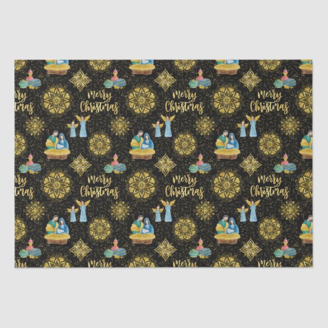 Heilige Nachtkrippe Mary Joseph Jesus Golden Stars Seidenpapier (Vorderseite)