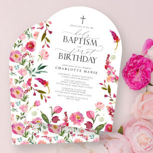 Heilige Taufe & 1. Geburtstag Pink Floral Wasserfa Einladung