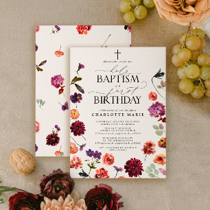 Heilige Taufe & 1. Geburtstag Wasserfarbenflora Einladung
