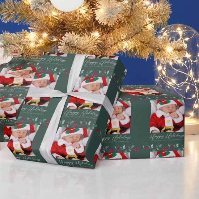 Heilige und rote Beeren, grünes Foto Geschenkpapier (Feiertage)