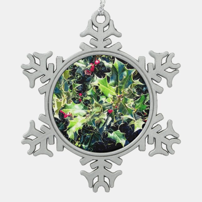 Heilige und rote Beeren Schneeflocken Zinn-Ornament (Vorderseite)
