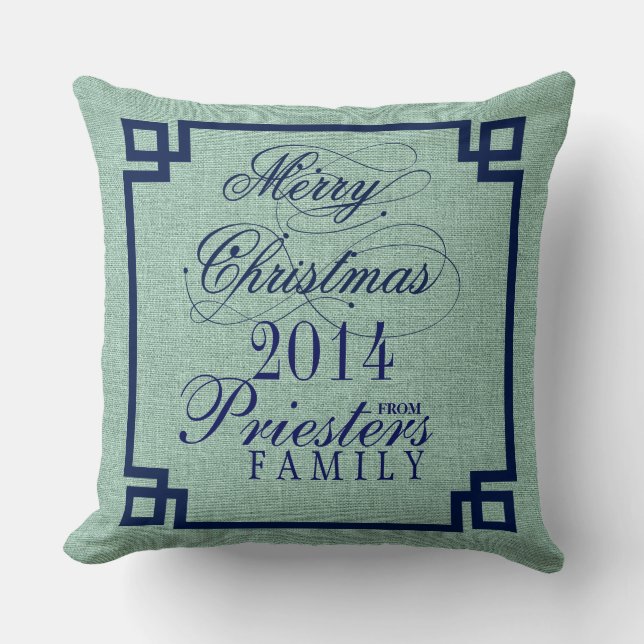Heilige Weihnachten Blue Text Sage-Green Linen Tex Kissen (Vorderseite)