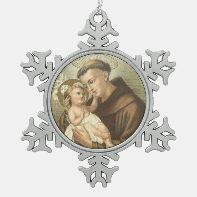 Heiliger Anthony von Padua mit Baby Jesus Schneeflocken Zinn-Ornament (Vorderseite)