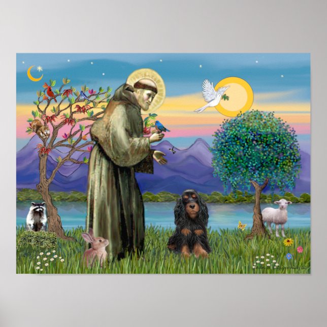 Heiliger Franziskus & Schwarz-Tan-Cocker-Spaniel Poster (Vorne)