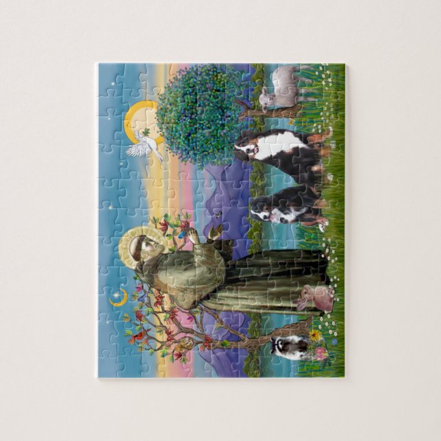 Heiliger Franziskus - Zwei Berner Sennenhunde Puzzle (Vertikal)