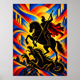 Heiliger Georg kämpft gegen die Drachen-Silhouette Poster