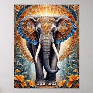 Heiliger indischer Elefant auf ethnischem Muster u Poster