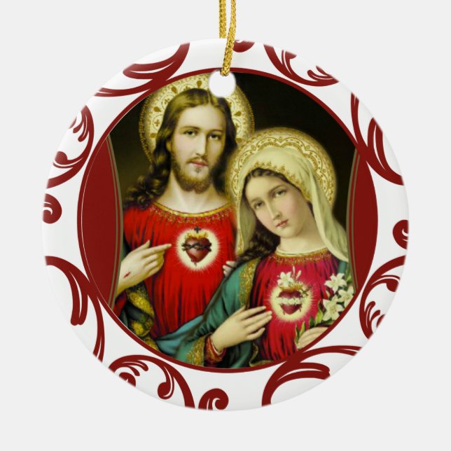 Heiliger Jesus unakulieren Herz Mary Red Lace Keramikornament (Vorne)