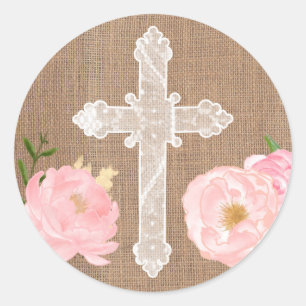 Heiliger Queraufkleber, weißes Kreuz mit rosa Runder Aufkleber