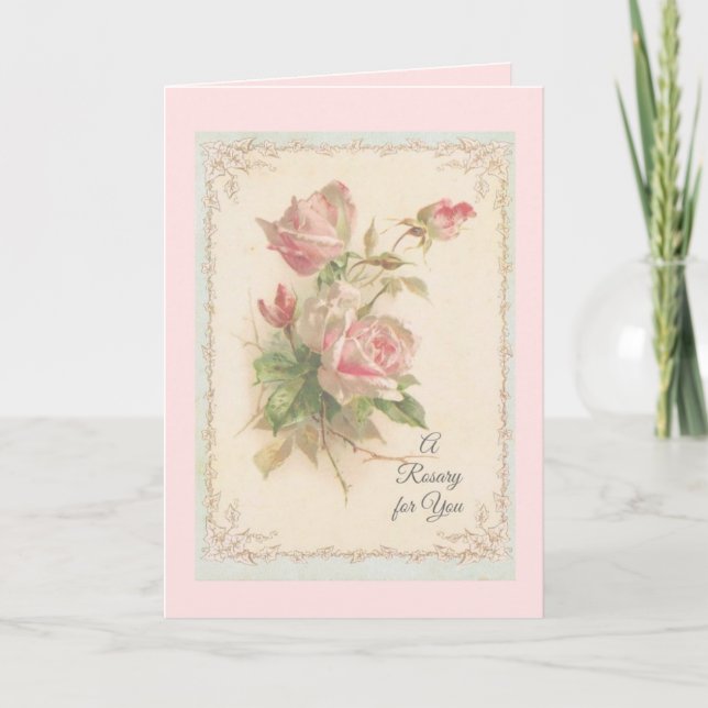Heiliger Rosenkranz mit rosa Rosen Gebet Karte (Vorderseite)