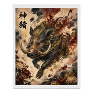 Heiliger Wildschwein | Japanische Mythologie-Kunst Poster