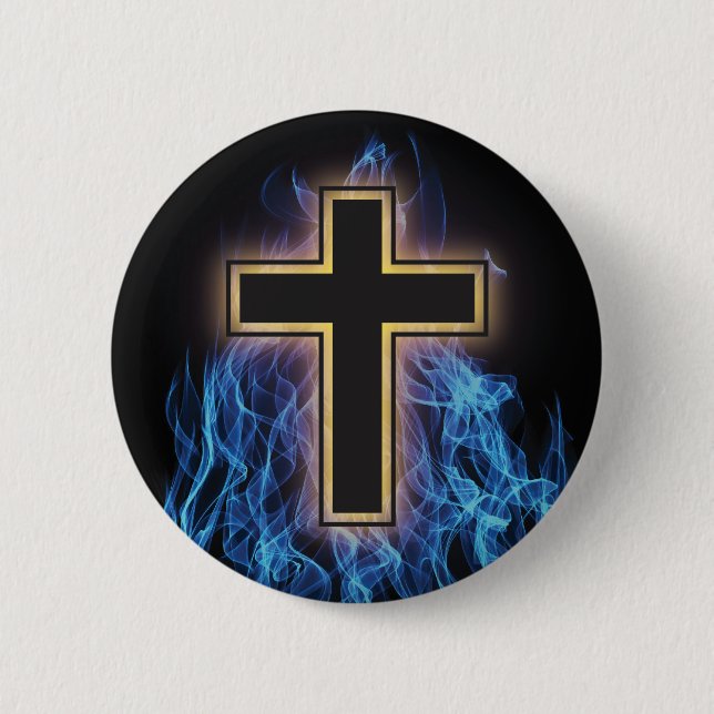 HEILIGES BLAUES FEUER-KREUZ! CHRISTLICHER BUTTON (Vorderseite)