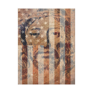 Heiliges Gesicht von Jesus und American Flag Canva Leinwanddruck