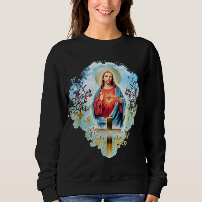 Heiliges Herz Jesu Christi Vintagen Kreuz Catholi Sweatshirt (Vorderseite)