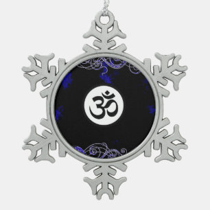 Heiliges hindisches Om-Symbol-Blau Schneeflocken Zinn-Ornament