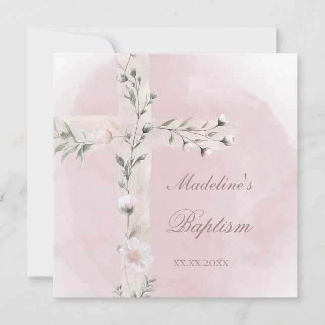 Heiliges Kreuz auf staubrosa Aquarelltaufe Einladung (Vorderseite)