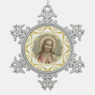 Heiligstes Herz Jesu Goldrand Schneeflocken Zinn-Ornament