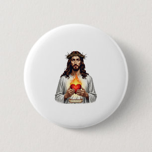 Heiligstes Herz Jesu Vintage-Gravur Glaubens-Shirt Button
