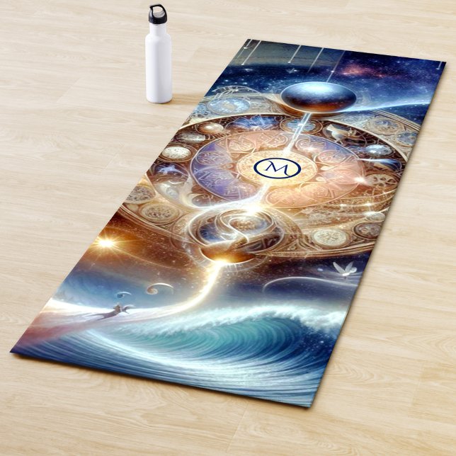 Heilung Himmelsspirituelle Wave Monogramm Yogamatte (Yoga mat featuring a fantasy painting of a spiritual scene with ocean wave and celestial elements)