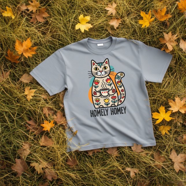 Heimeliges, glückliches Katzendesign T-Shirt (Homely homey happy cat t-shirt design in grey colour version)