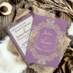 Heiraten: Holz & Spitze - Lavendel Folieneinladung