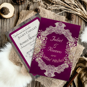 Heiraten: Holz & Spitze - Pflaume Folieneinladung