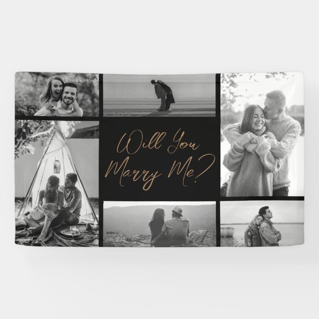 Heiraten Sie mich? | 6 Foto Black Gold Vorschlag Banner (Horizontal)