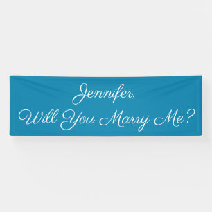 Heiraten Sie mich? White Script, Deep Sky Blue Banner
