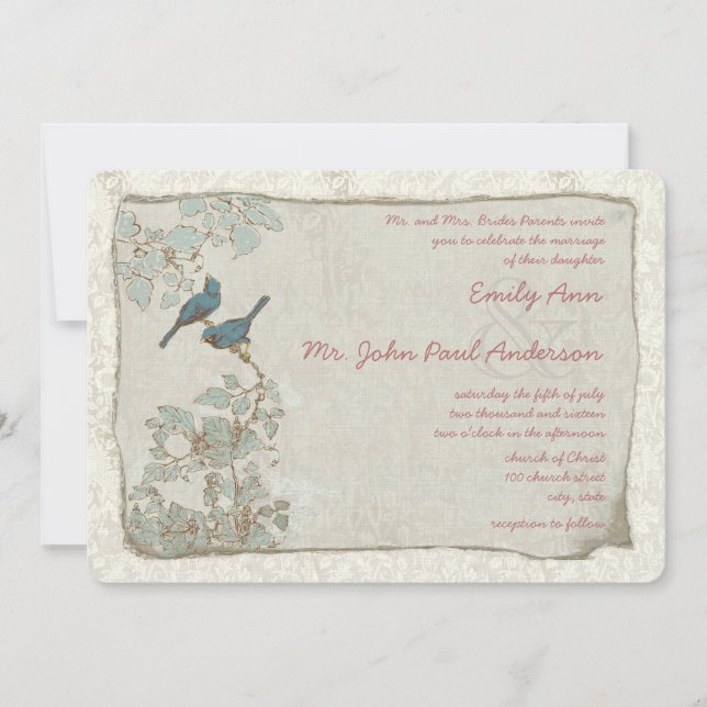 Heirloom Aquamarin Birds Damask Hochzeitseinladung Einladung (Vorderseite)