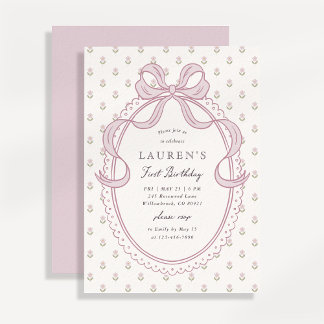 Heirloom Pink Bow Floral Pattern First Birthday In Einladung