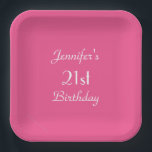 Heiß rosa, 21. Geburtstag Party, Name, Platz Pappteller<br><div class="desc">Ein solider, rosa Hintergrund schmückt diese einzigartige und lustige, minimalistische, einfache Geburtstagsfeierplatte. Obwohl in der Voreinstellung "21. Geburtstag" steht, können Sie den Text einfach ändern, um den Namen, die Anzahl der Jahre und das Ereignis zu bestimmen. Sehr weiblich und mädchenhaft! Platz oder rund. Passende Papierservietten sind bei zazzle im SocolikCardShop...</div>