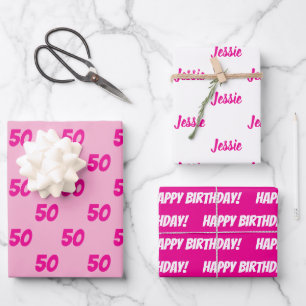 HEIß ROSA 50. Geburtstag Benutzerdefinierter Name Geschenkpapier Set